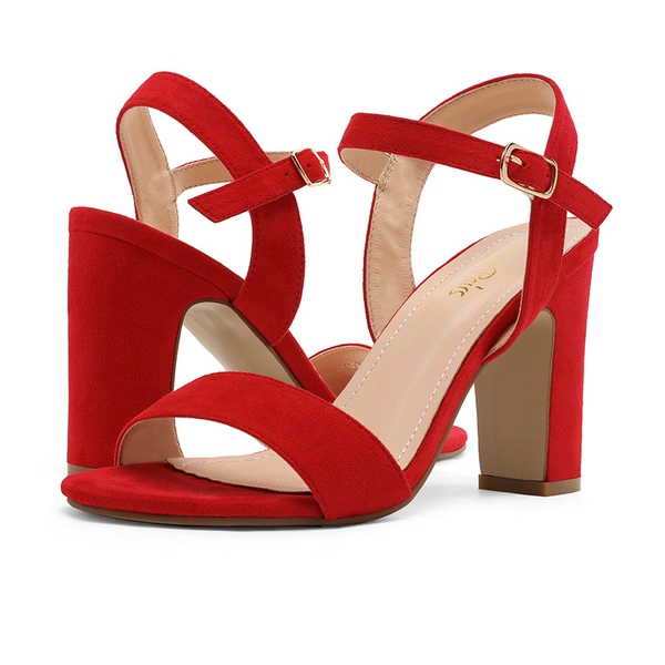 Open Toe Ankle Strap Chunky Heel Sandals - RED SUEDE - 3